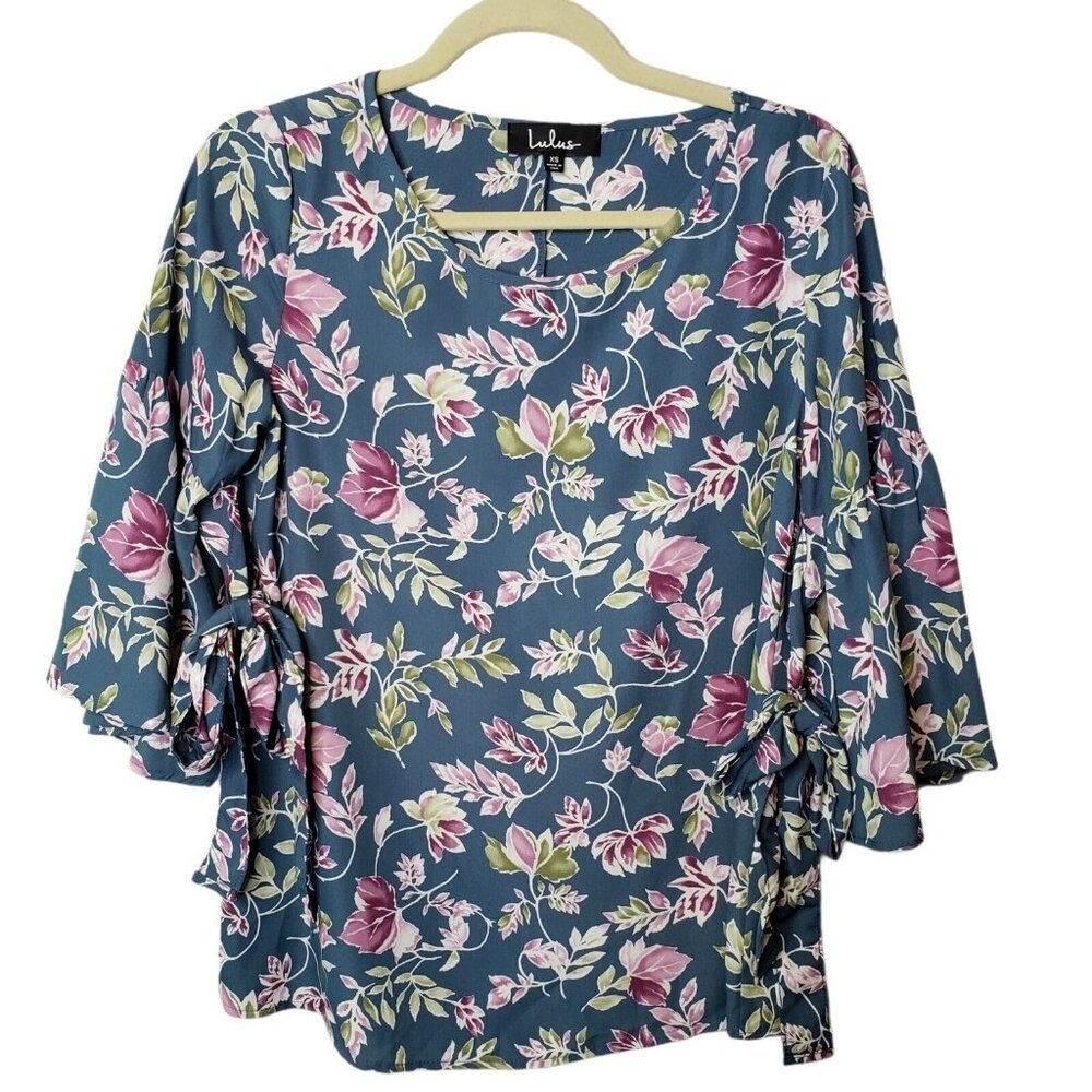 Lulus Womens Multicolor Floral 3/4‎ Sleeves Round Neck Blouse Top Size XS